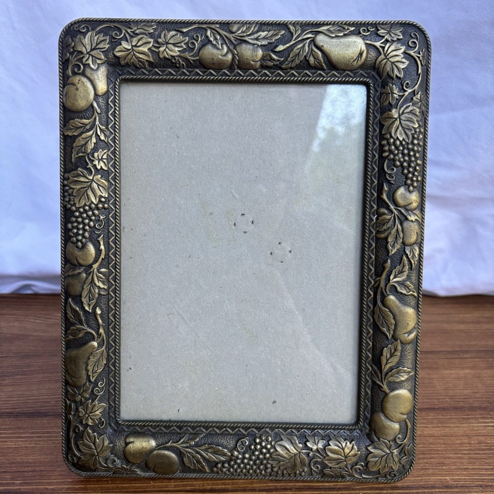 Hallmark Embossed Brass Tone Photo Frame Fruit Grapevine Motif Vintage Heavy